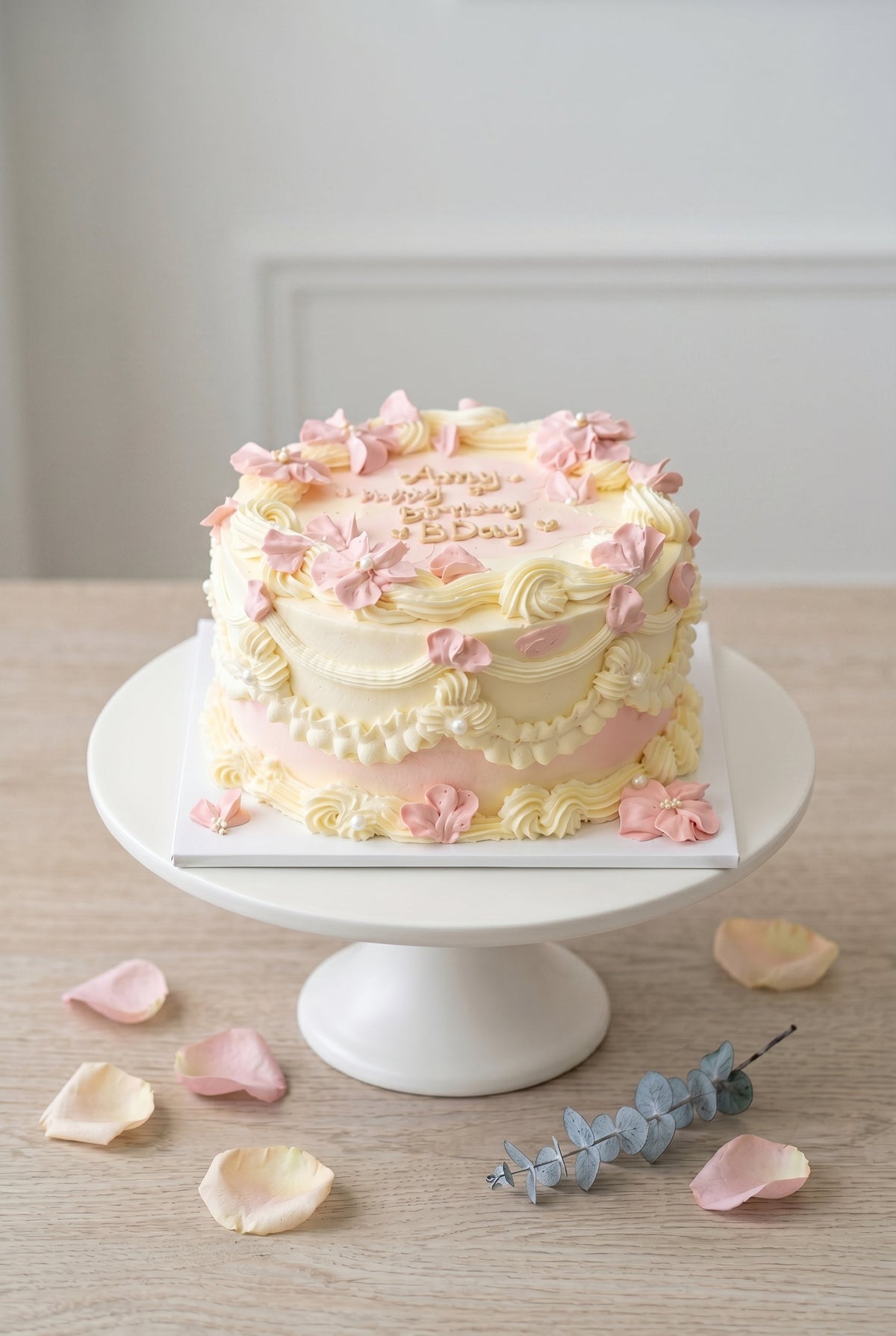 Pastel yellow and pink buttercream cake decorated with piped swirls and cluster of pink flowers