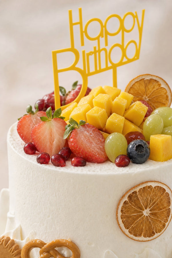 Side view of two-tier white buttercream cake topped with fresh fruit
