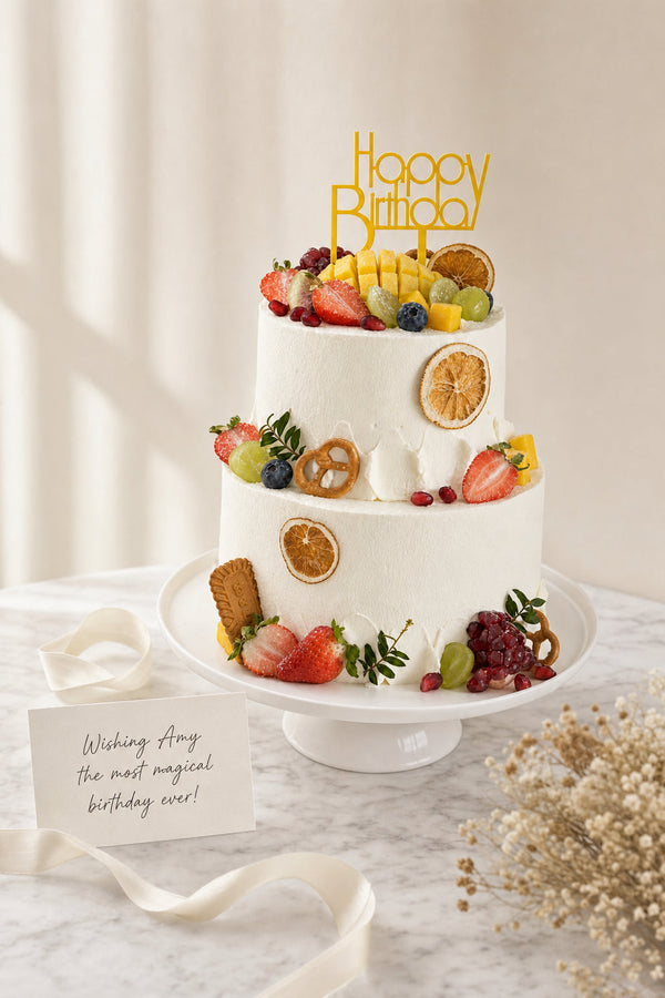 Front view of white buttercream cake with fresh strawberries, grapes, and blueberries