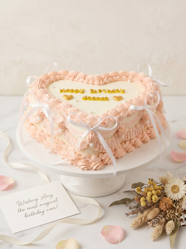 Close-up of an elegant heart-shaped cake featuring pink piped buttercream borders, white center panel, and pearl accents.