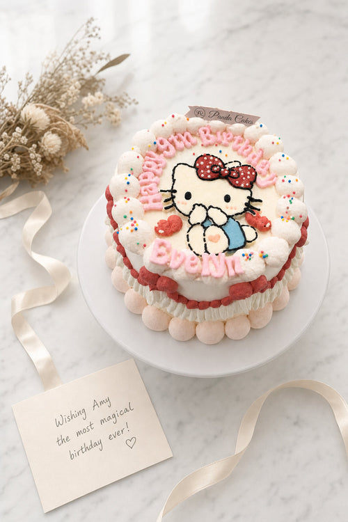 Top view of round Hello Kitty themed birthday cake with colorful sprinkle accents and neat frosting finish