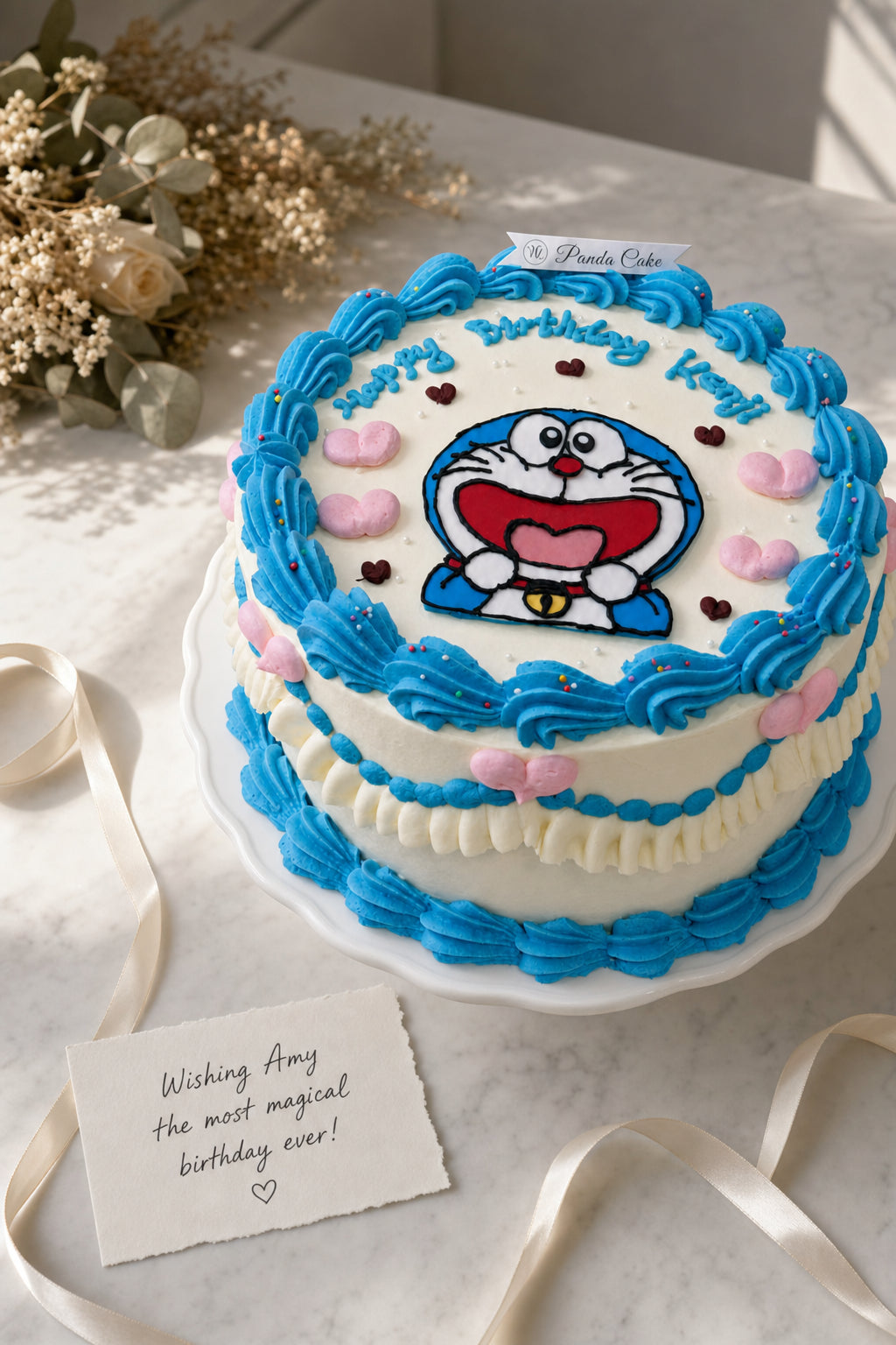 Close-up of white cake with vivid blue piped borders and small pink heart shapes
