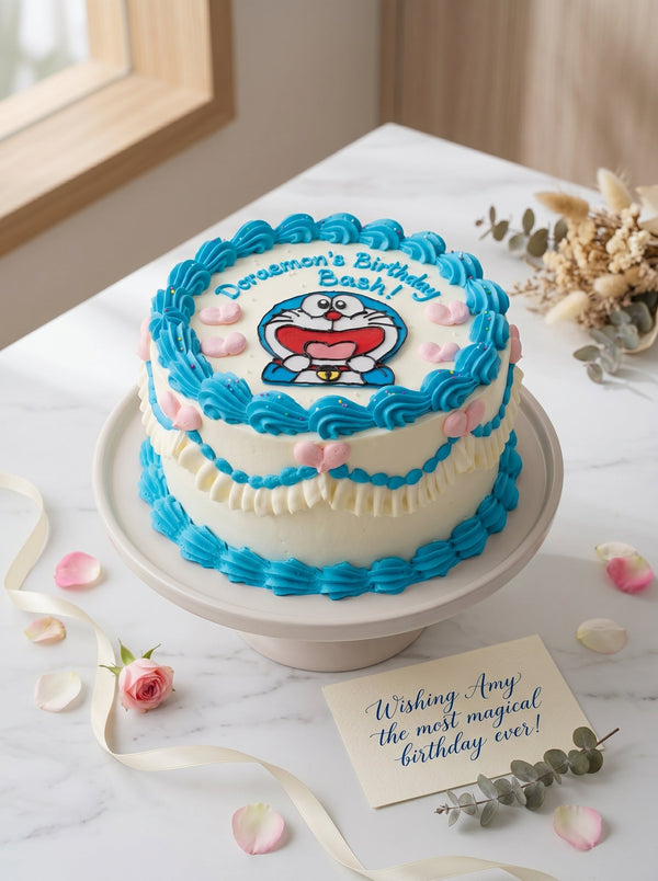 Side view of celebration cake showing blue and white frosting layers with pink hearts
