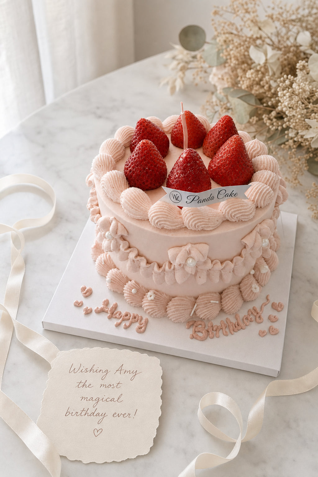 Side angle view of pink cream birthday cake decorated with piped shells and fresh strawberries