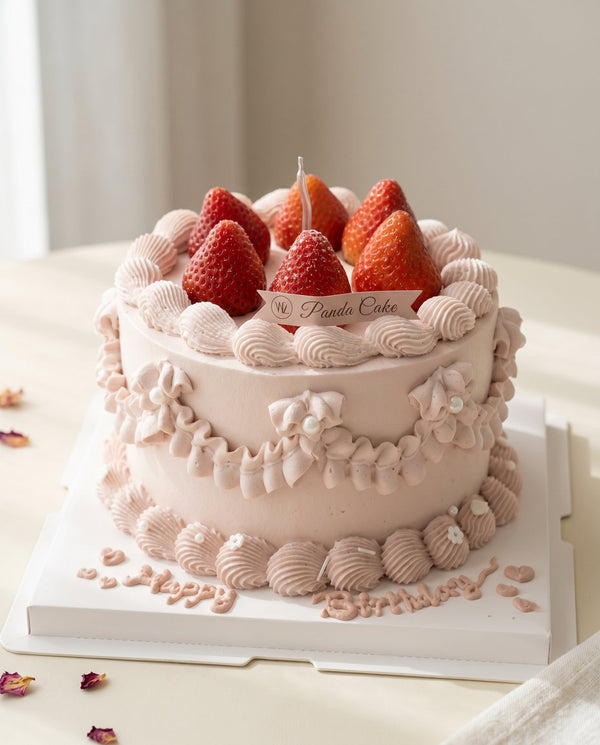 Studio shot of round pastel pink cream cake topped with fresh strawberries and piped shell borders