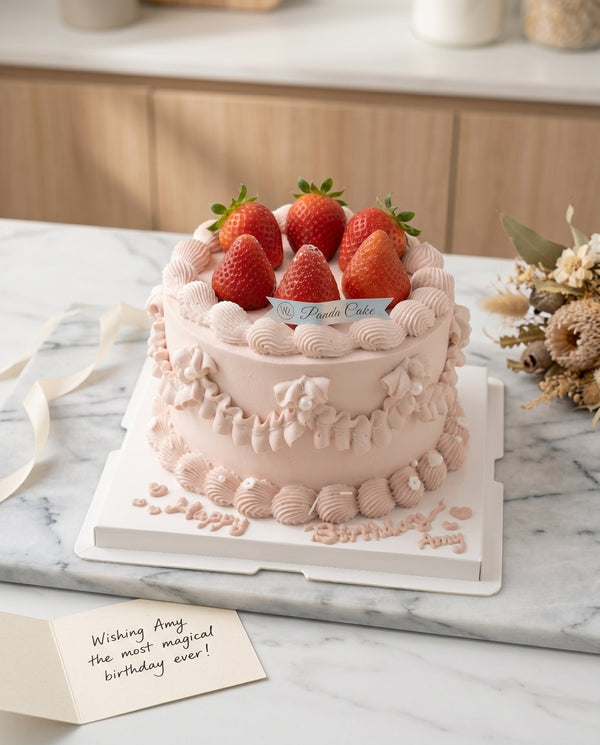 Close-up detail of piped shell borders and strawberry topping on pastel pink cream cake