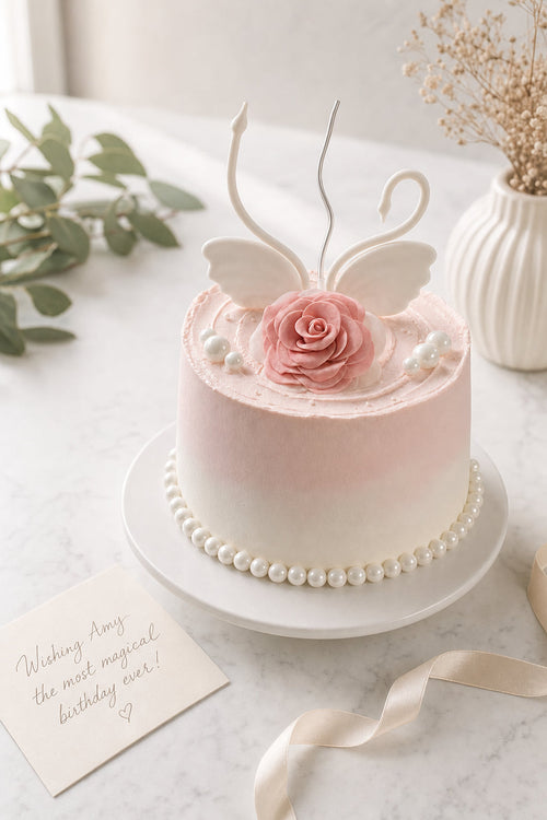 Close-up of round pale pink buttercream cake with pink fondant rose and elegant white swan-shaped topper