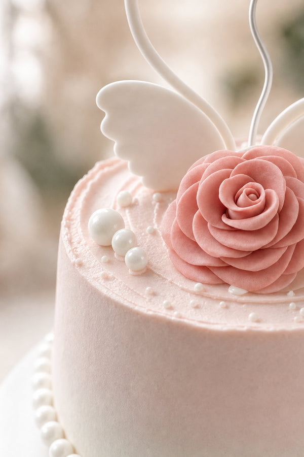 Round pale pink buttercream cake decorated with pink fondant rose and white swan-shaped topper