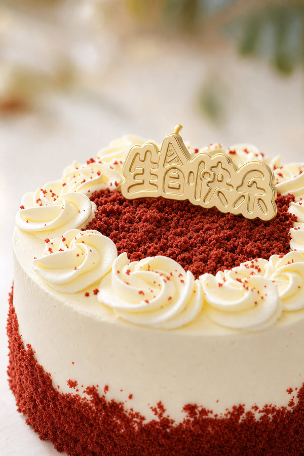 Close-up of a round red velvet cake decorated with cream frosting swirls and red velvet crumb coating on the sides