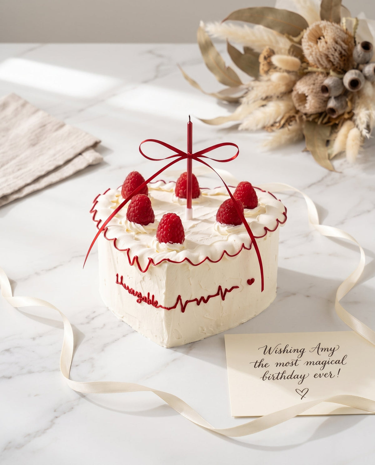 White Buttercream Heart Cake with Red Piping