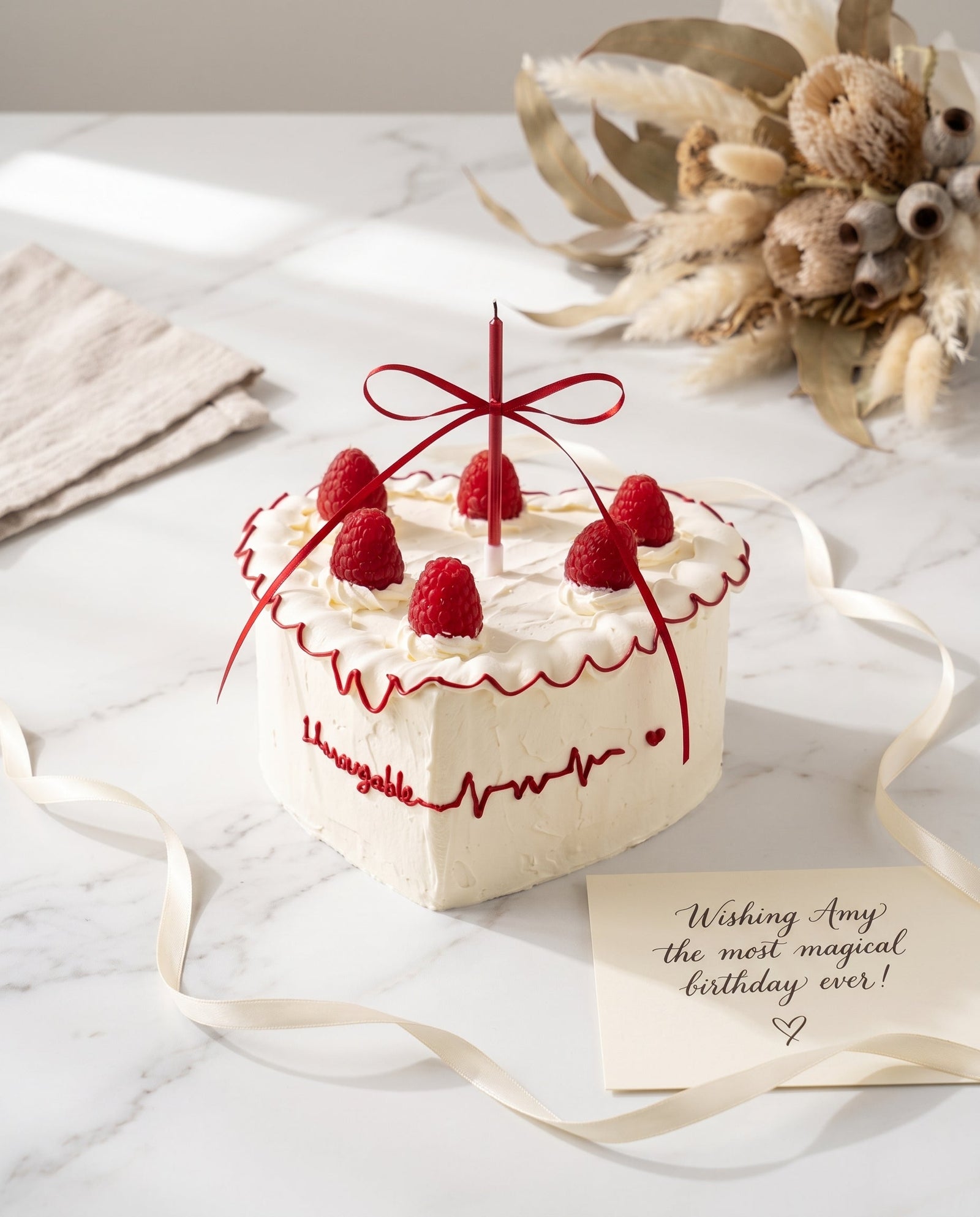 White Buttercream Heart Cake with Red Piping