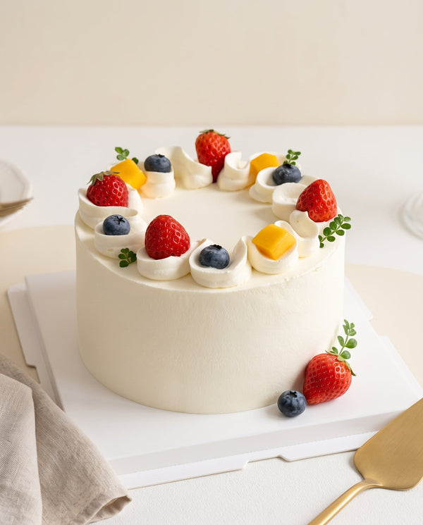 Premium round white frosted cake with piped cream swirls topped with strawberries, blueberries, and mango pieces, on white cake base