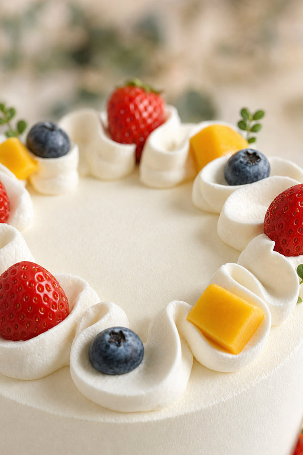 Close-up of white frosted round birthday cake decorated with fresh strawberries, blueberries, mango cubes and piped cream, set on white surface with a glass centerpiece
