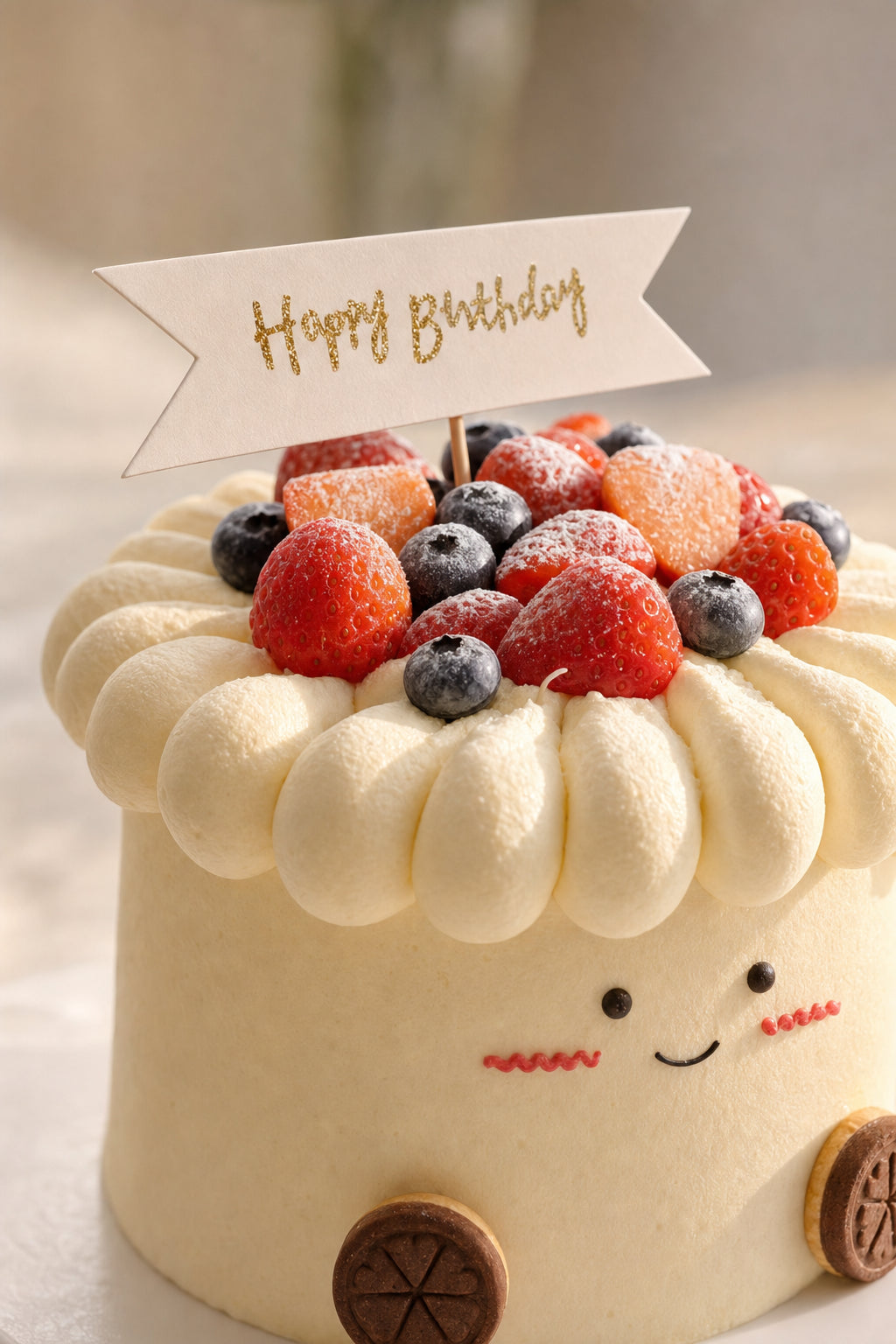 Round cream cake with a white piped frosting border, fresh berries on top, and tiny smiley face decoration with chocolate cookie details.