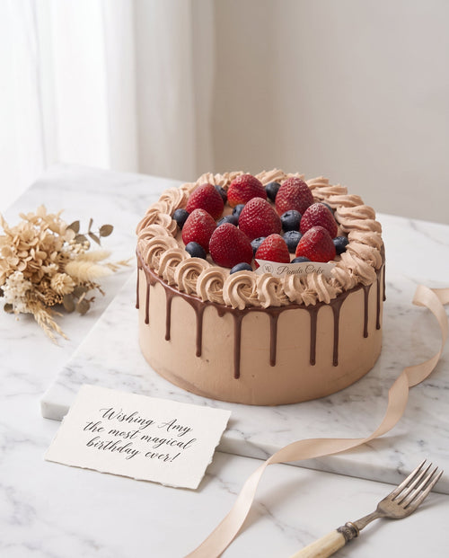 Close-up of round chocolate drip cake with taupe buttercream rosettes and fresh mixed berries on top
