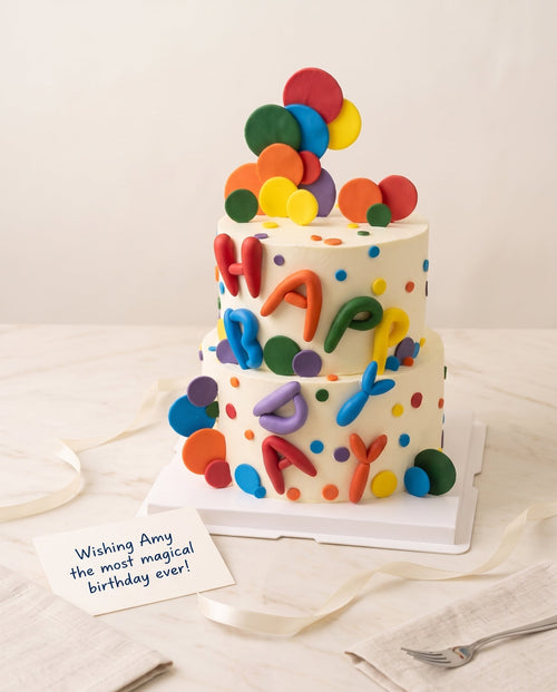 Side angle of a two-tier white cake adorned with colorful fondant letters and circular decorations.