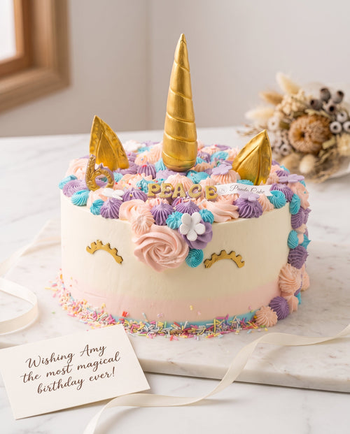 Side view of round unicorn cake with colorful buttercream decorations and gold horn