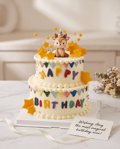 Two-Tier White Birthday Cake with Colorful Bunting