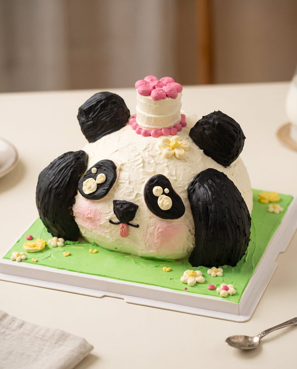 Studio photo of deluxe oversized panda face birthday cake with white buttercream and black ear and eye patches
